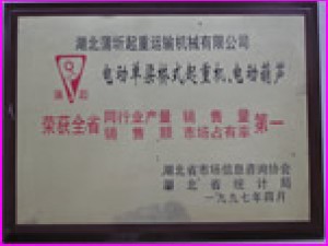 1997年全省起重機(jī)械設(shè)備銷量第一榮譽。